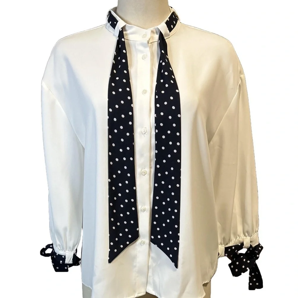 Zara Basic Button Up Blouse with Polka Dot Ties and 3/4 Sleeves/Medium - Picture 3 of 8